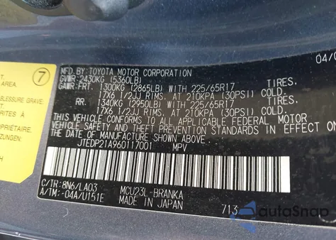 2006 Toyota Highlander Limited V6 from USA, damaged, VIN JTEDP21A960117001